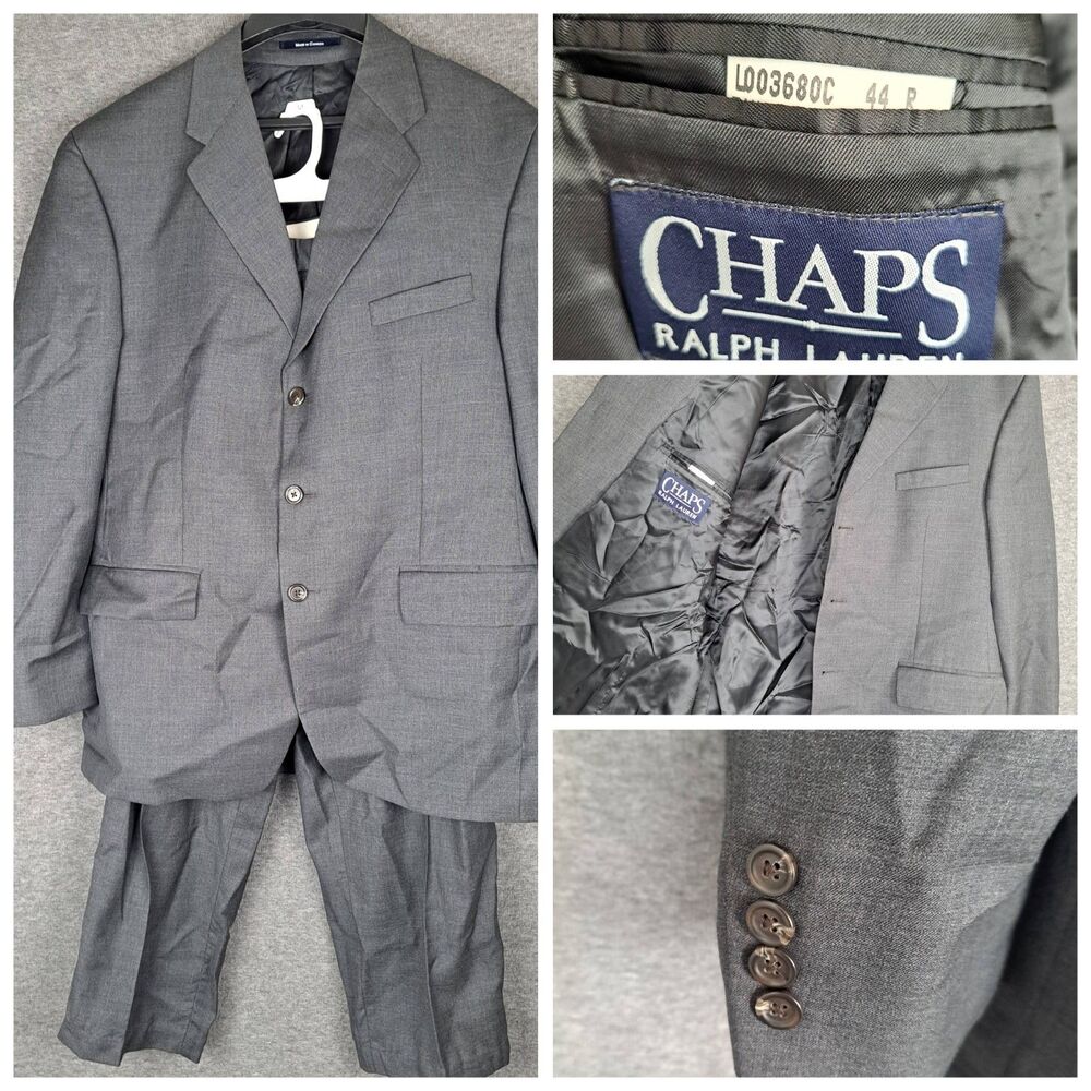 Chaps Ralph Lauren Mens 2‑Piece Suit‎ Gray Wool Cashmere 44R Jacket 34x27 Pants